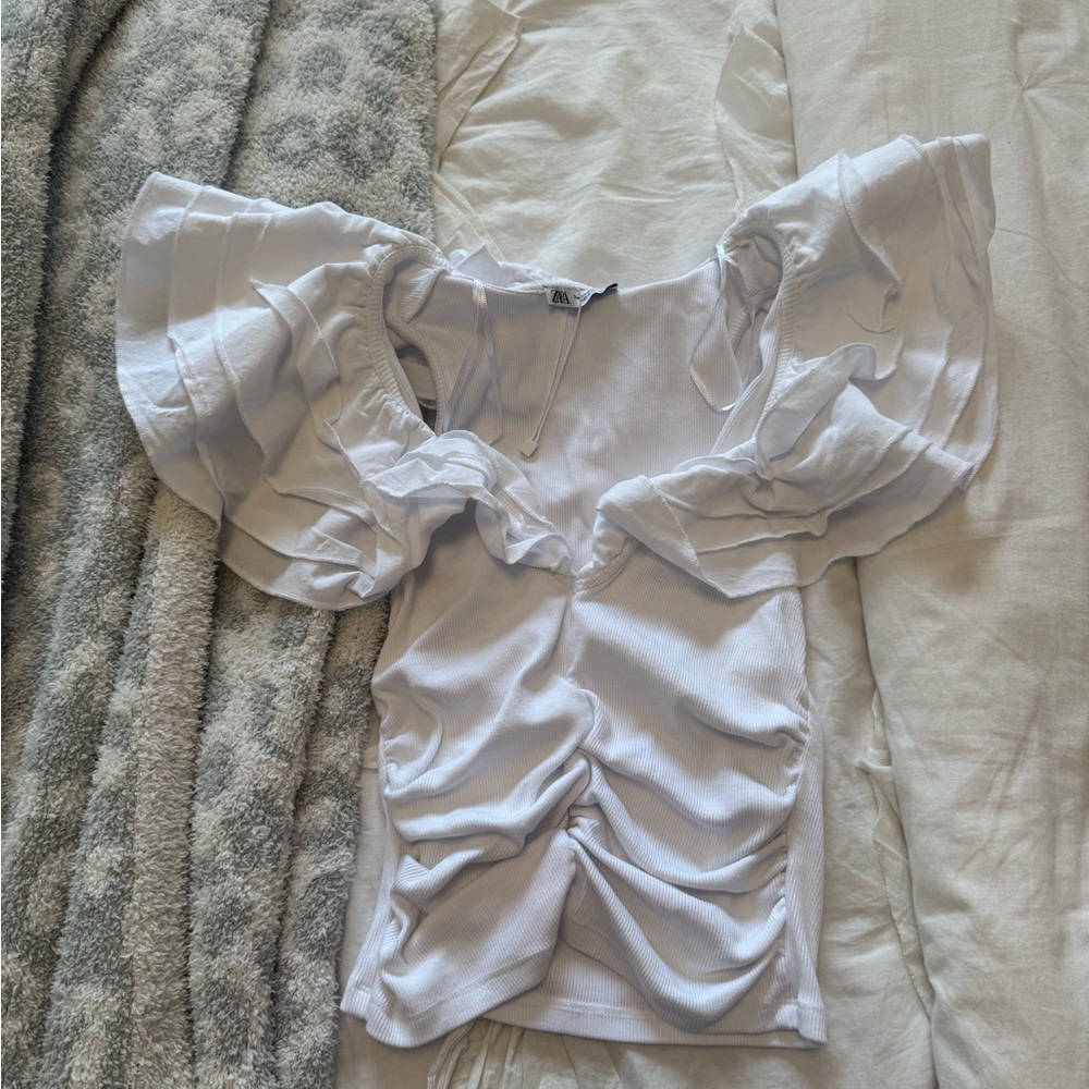 Zara White Puff Sleeve Ruched Blouse